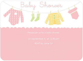 Clothesline baby shower invitation card in pink for a baby girl perfect for a diaper or onesie theme party