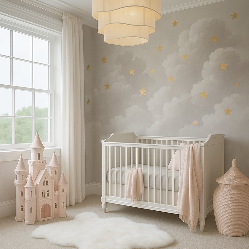 Cloud and celestial baby nursery mural with soft neutral sky clouds colors and tones
