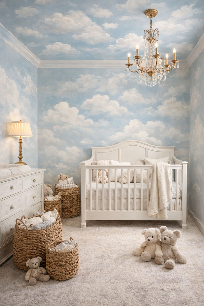 Cloud mural painted on a baby nursery wall and ceiling with soft blue sky and white clouds