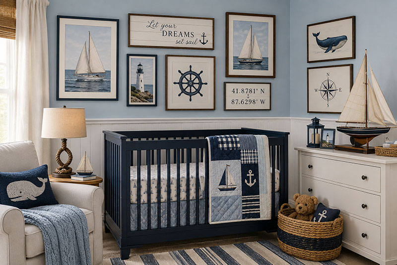 Coastal blue nautical nursery pictures with framed ocean artwork