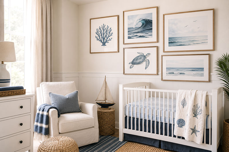 Coastal nautical wall art in a modern baby nursery