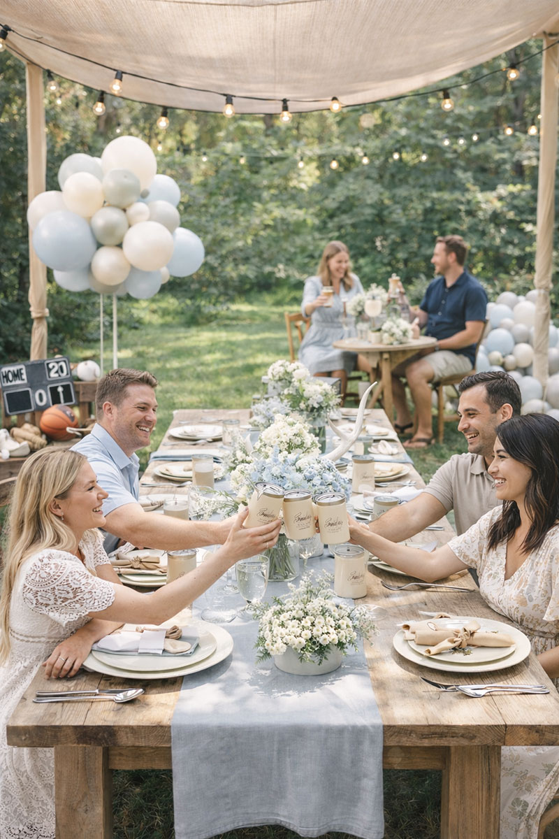Co-ed baby shower theme setup outdoors with relaxed seasonal decorations neutral table styling and casual party details