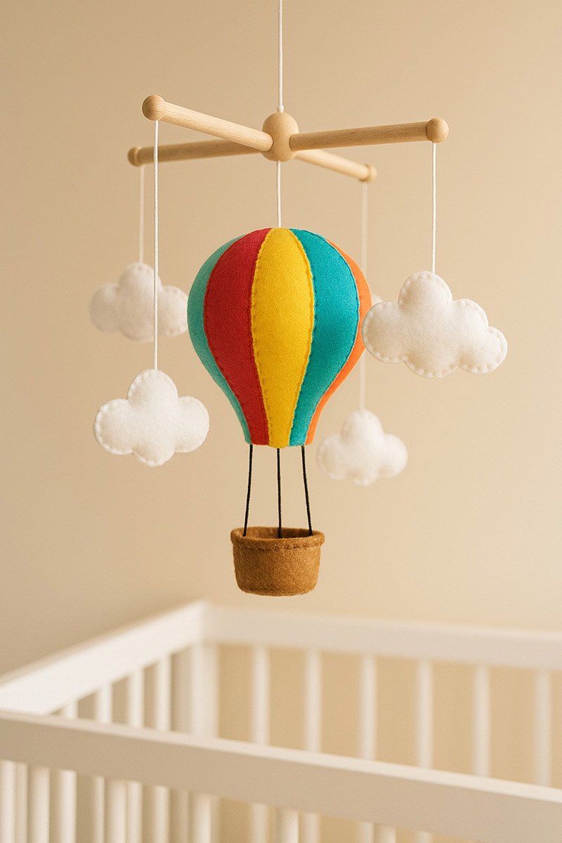 colorful handmade hot air balloon crib mobile for a baby nursery
