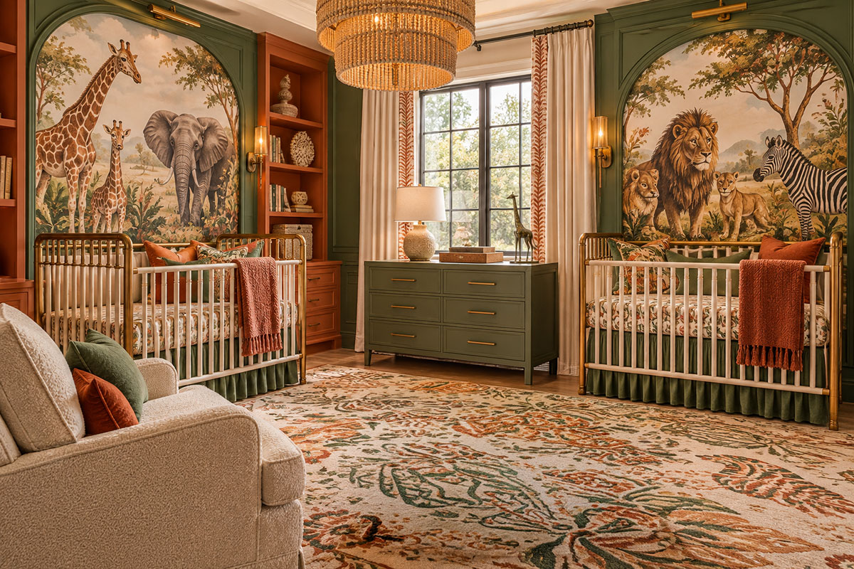 Colorful safari twin nursery with two cribs giraffe elephant lion and zebra murals plus olive green and rust decor
