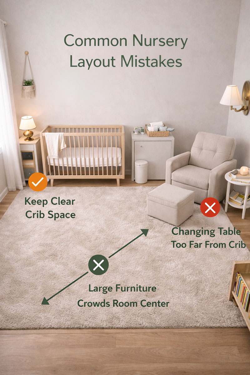 modern nursery showing smart furniture spacing and an uncluttered layout