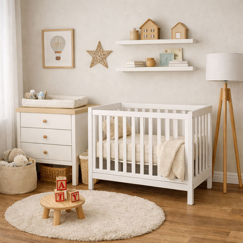 compact crib placed along the wall in a small nursery with a narrow dresser