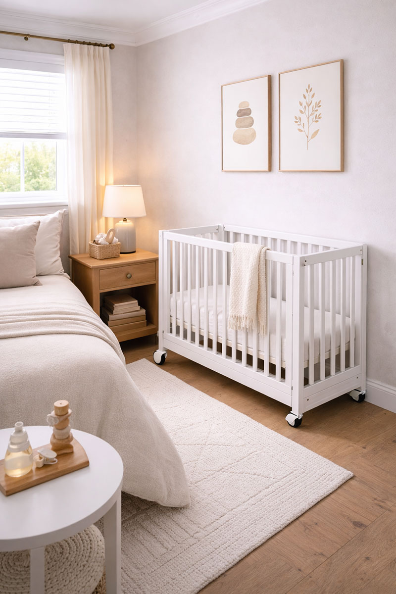 Compact mini crib placed in a tight shared bedroom nursery layout with limited floor space