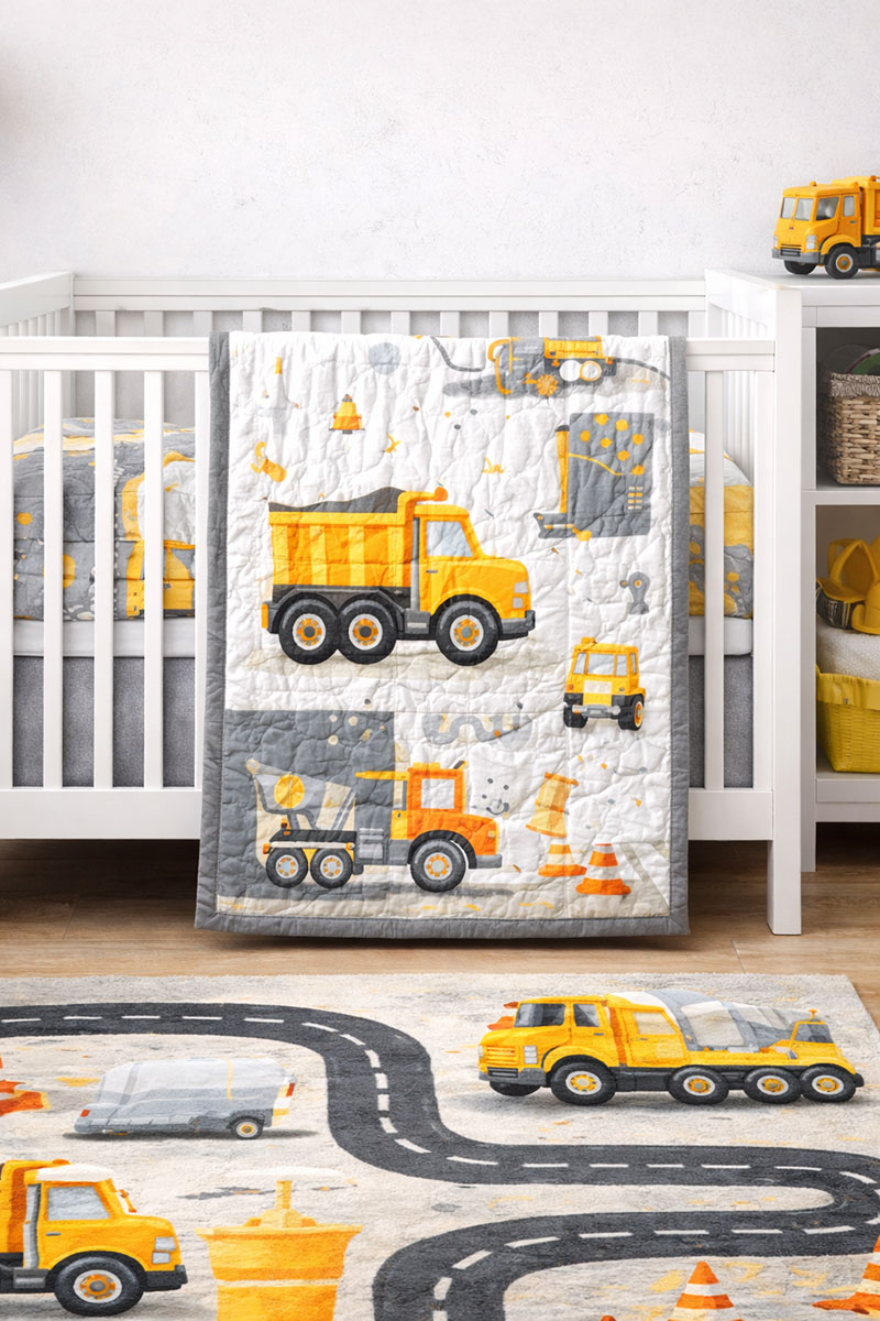 Construction themed crib bedding with dump truck quilt design