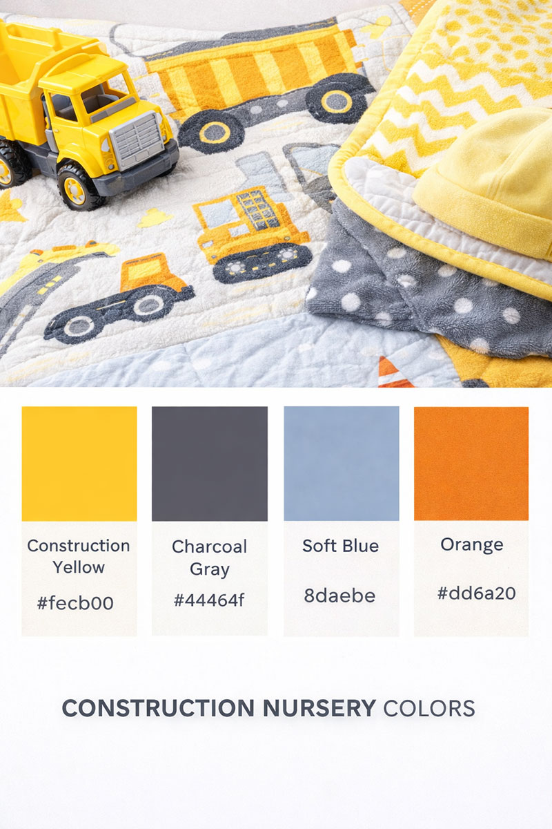 Construction nursery color palette with yellow gray and blue tones