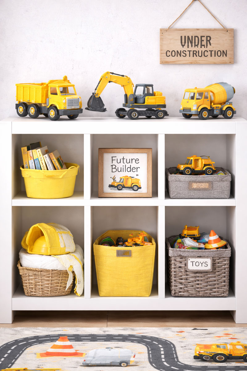 Construction nursery shelves displaying toy trucks and books
