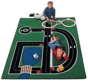 Construction themed nursery area rug play mat with roads dump trucks