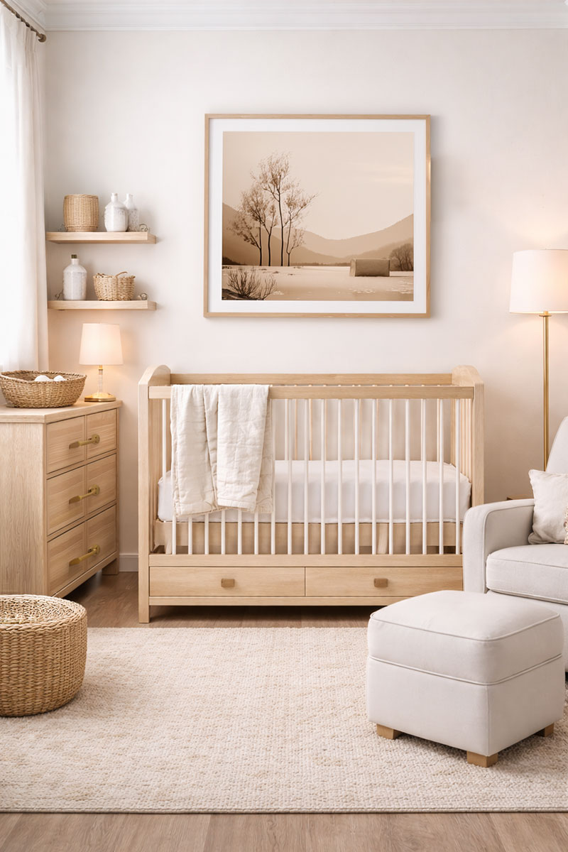 Convertible crib in neutral nursery designed to transition into toddler room