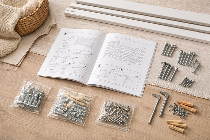 Checklist layout showing a crib manual and labeled hardware on a flat surface