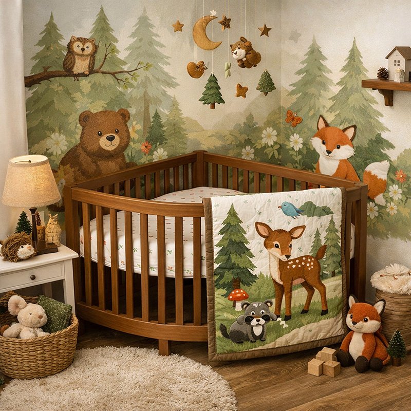 Standard corner baby crib placed in the corner of a small nursery to save floor space