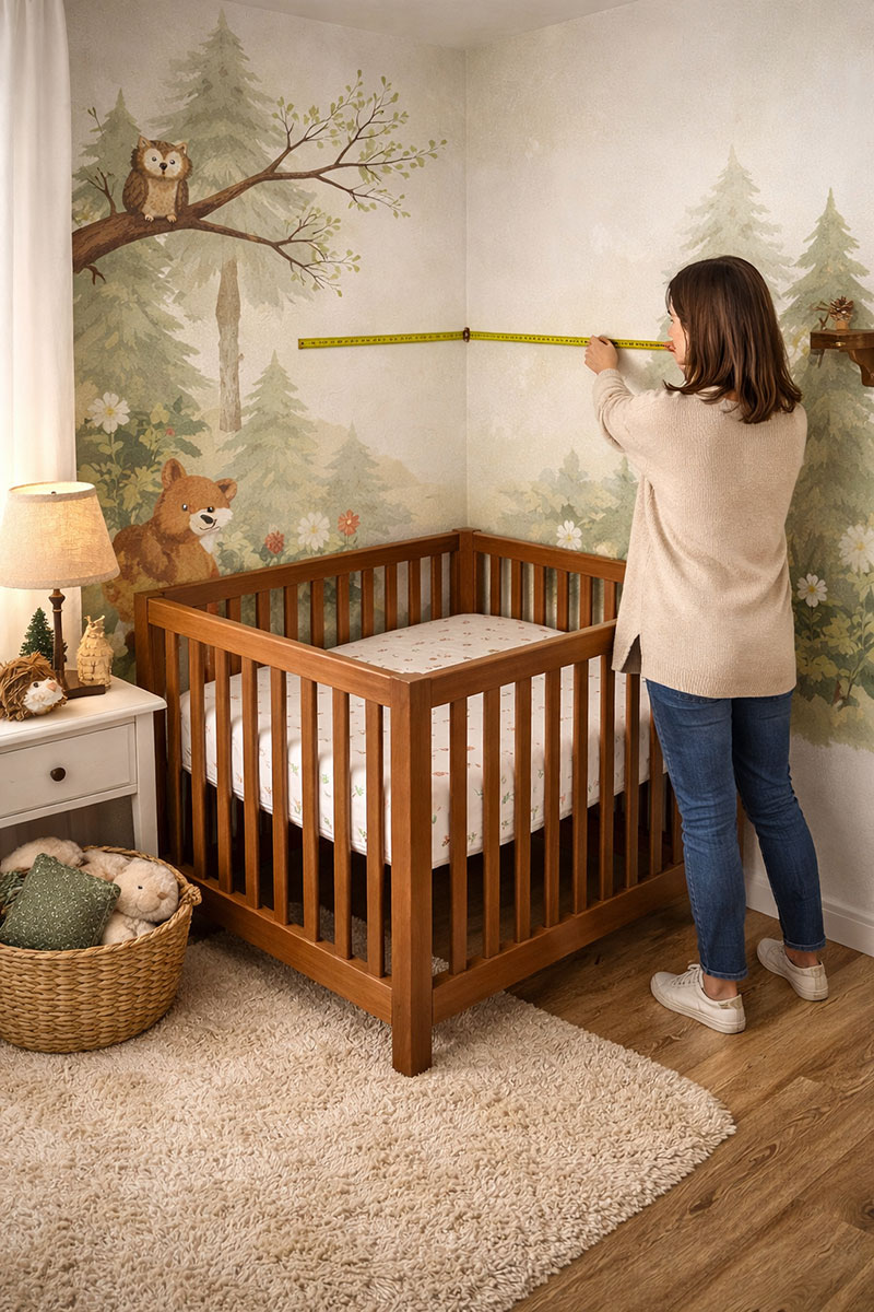 Nursery corner measured to illustrate crib placement and remaining floor space