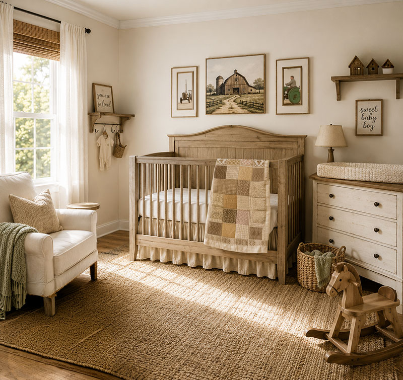 Country farm nursery colors with cream walls, rustic crib, woven baskets, and farmhouse baby room decor