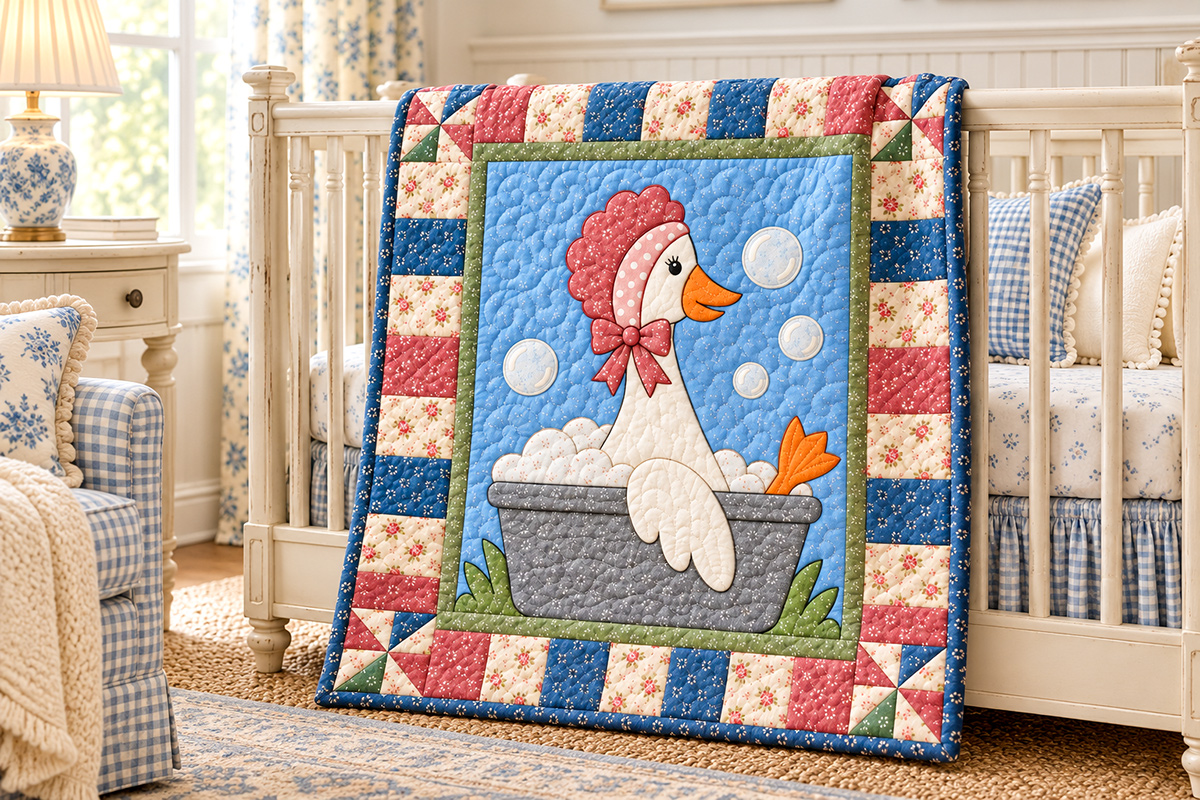 Country goose crib quilt pattern featuring Miss Sissy the Prissy Goose in a gray washtub with patchwork border