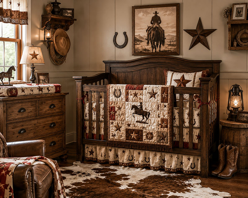 Cowboy baby bedding with western nursery furniture and ranch inspired wall decor
