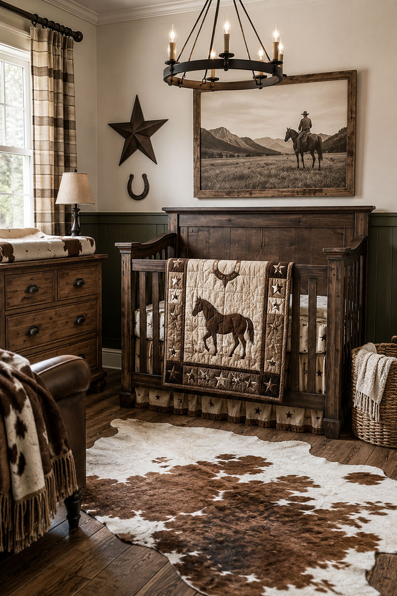 Cowboy baby nursery colors with ranch inspired bedding and western room styling