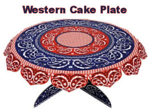 Red and blue western theme bandana print cake or cupcake stand for a cowboy theme baby shower