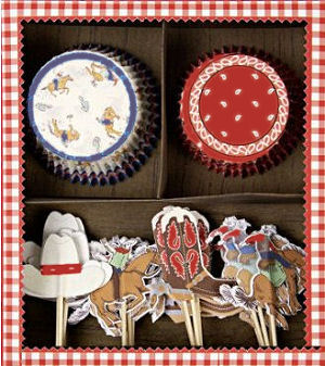 Western cowboy theme baby shower cupcake toppers featuring horses boots hats wrappers and liners