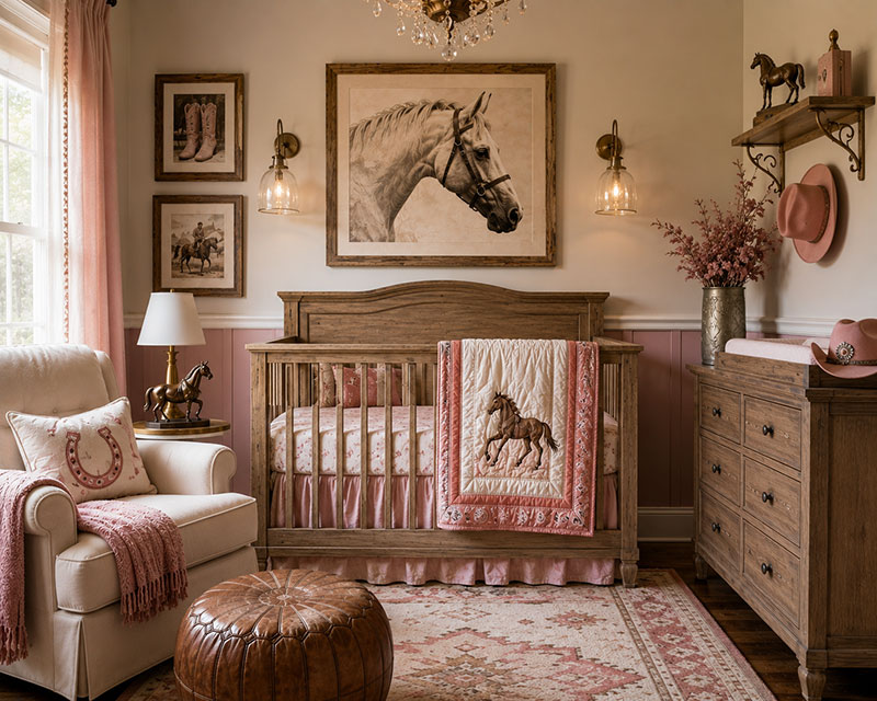 Cowgirl western nursery with neutral crib bedding and vintage horse accents