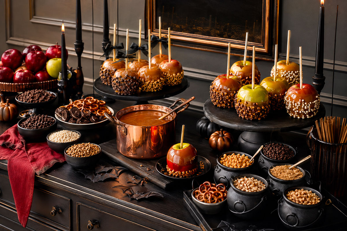 Creepy caramel apple bar for a Halloween baby shower with red and green apples, dark serving pieces, caramel and spooky topping bowls