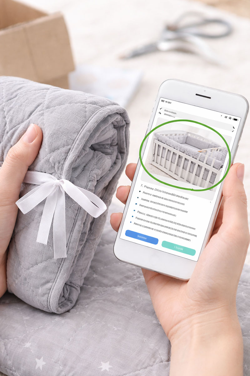 Hands holding a crib accessory while checking listing details on a phone