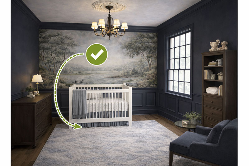 Crib positioned away from nearby furniture to reduce climbing risk in crib placement