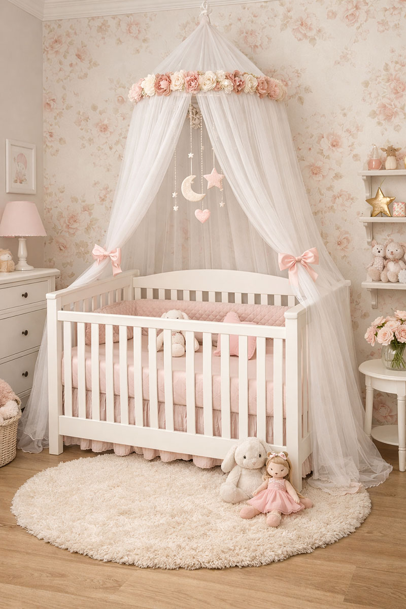 Decorative crib canopy displayed above a crib in a baby girl nursery