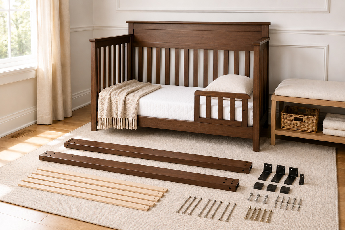 Crib conversion kits showing a toddler guardrail and full-size bed conversion rails