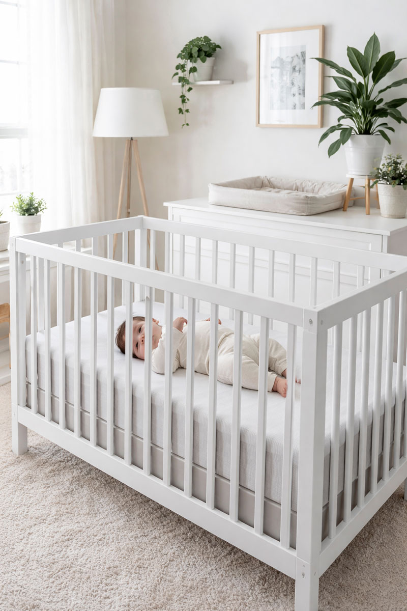 Baby crib setup showing proper mattress fit and safe slat spacing in a neutral nursery