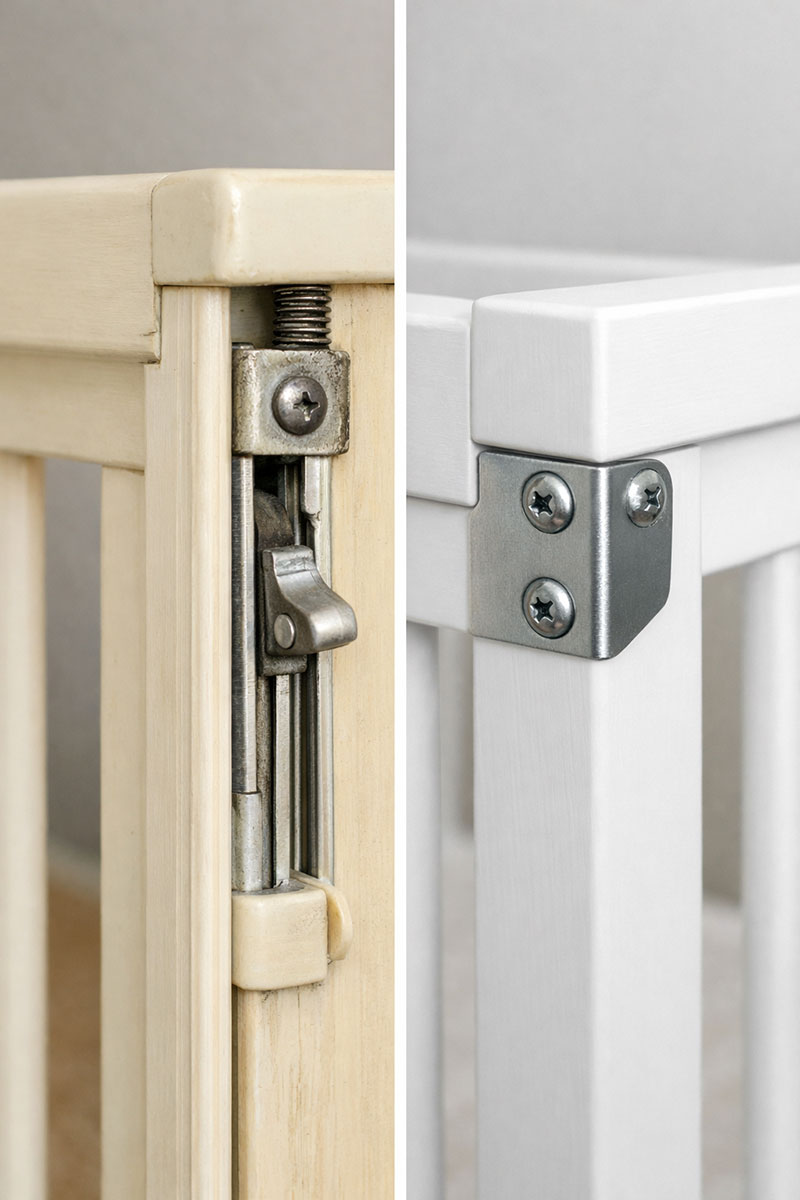 Close-up comparison of older drop-side crib hardware and modern fixed crib rail construction