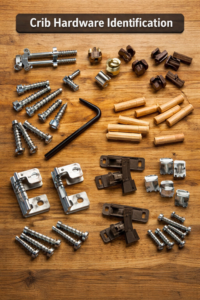 Crib hardware identification reference showing bolts, brackets, and connector pieces used for visual comparison across crib brands