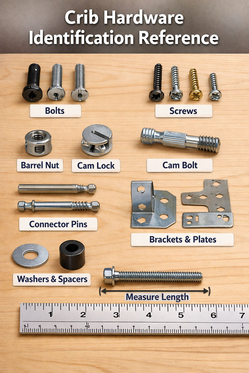 Crib hardware identification reference with labeled bolts, screws, washers, and brackets on a clean tabletop