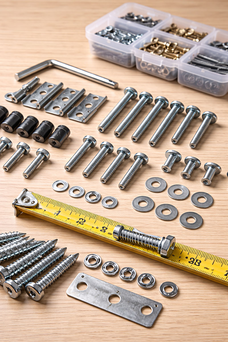 Crib hardware kit pieces laid out with bolts, washers, and Allen key for matching sizes