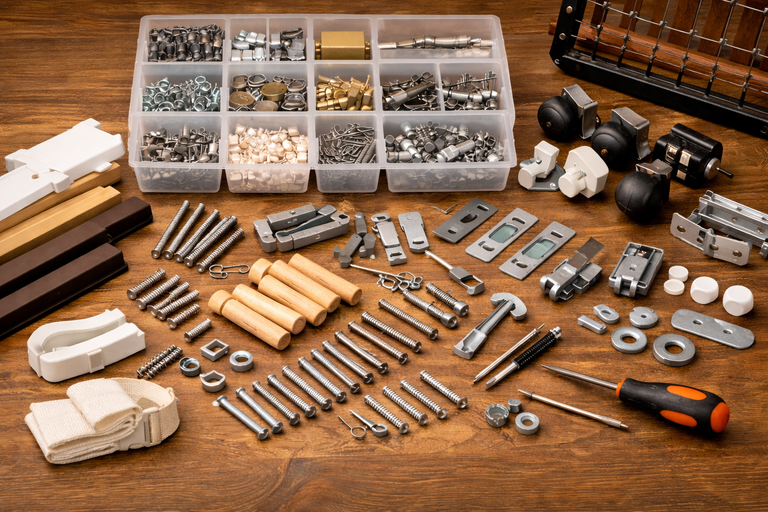 crib replacement parts hardware kit laid out on a wooden table with brackets, bolts, screws, washers, and small tools
