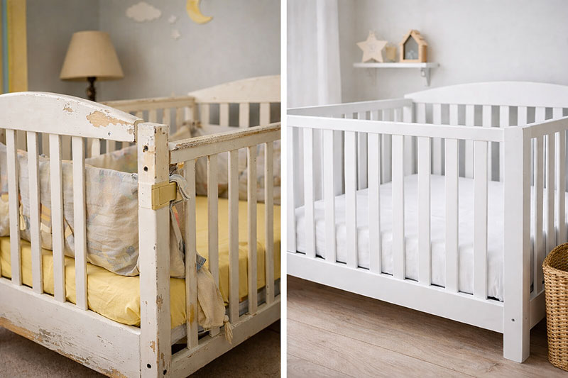 Modern baby crib showing signs of age and wear compared with a newer crib design for safety comparison