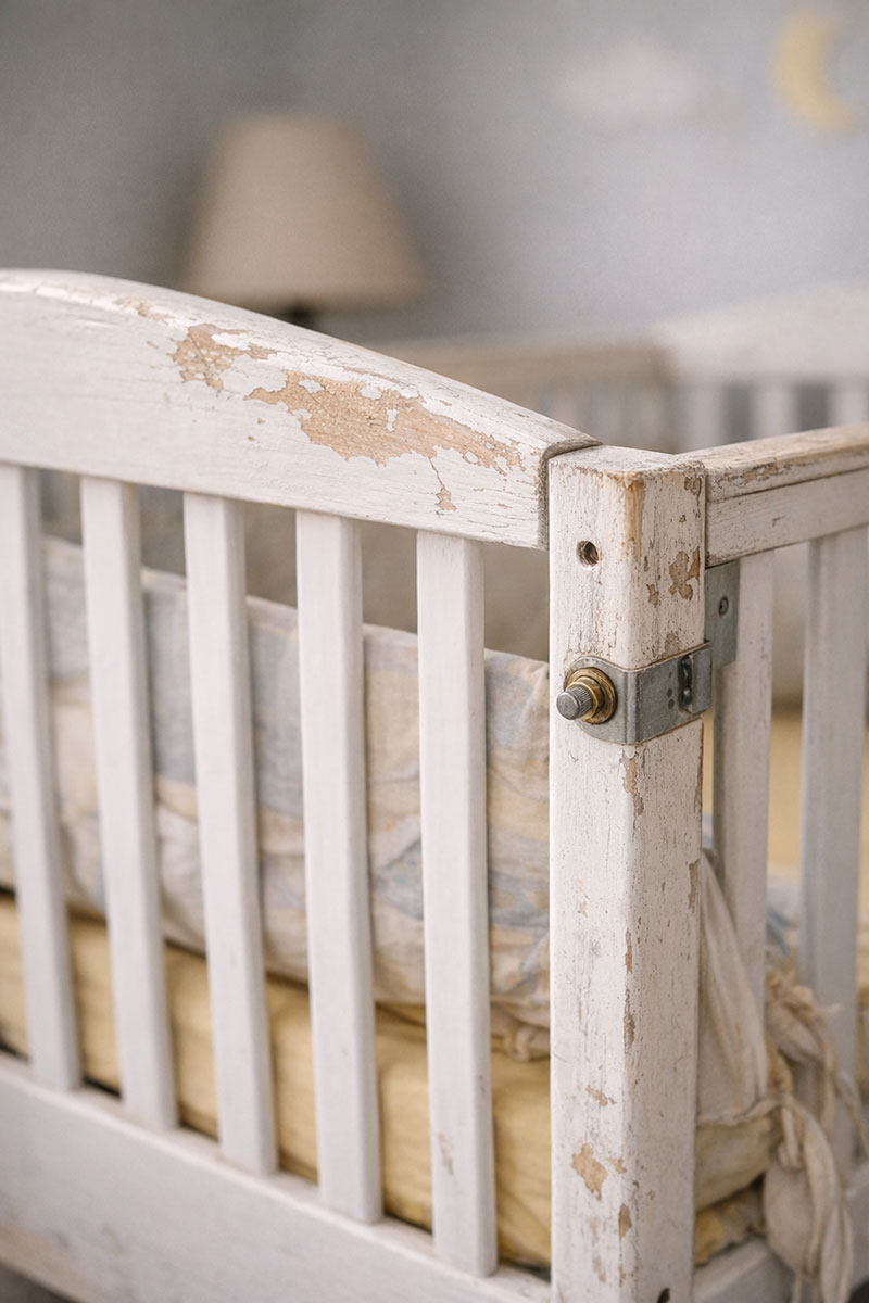Worn crib rails showing age-related wear that impacts crib lifespan