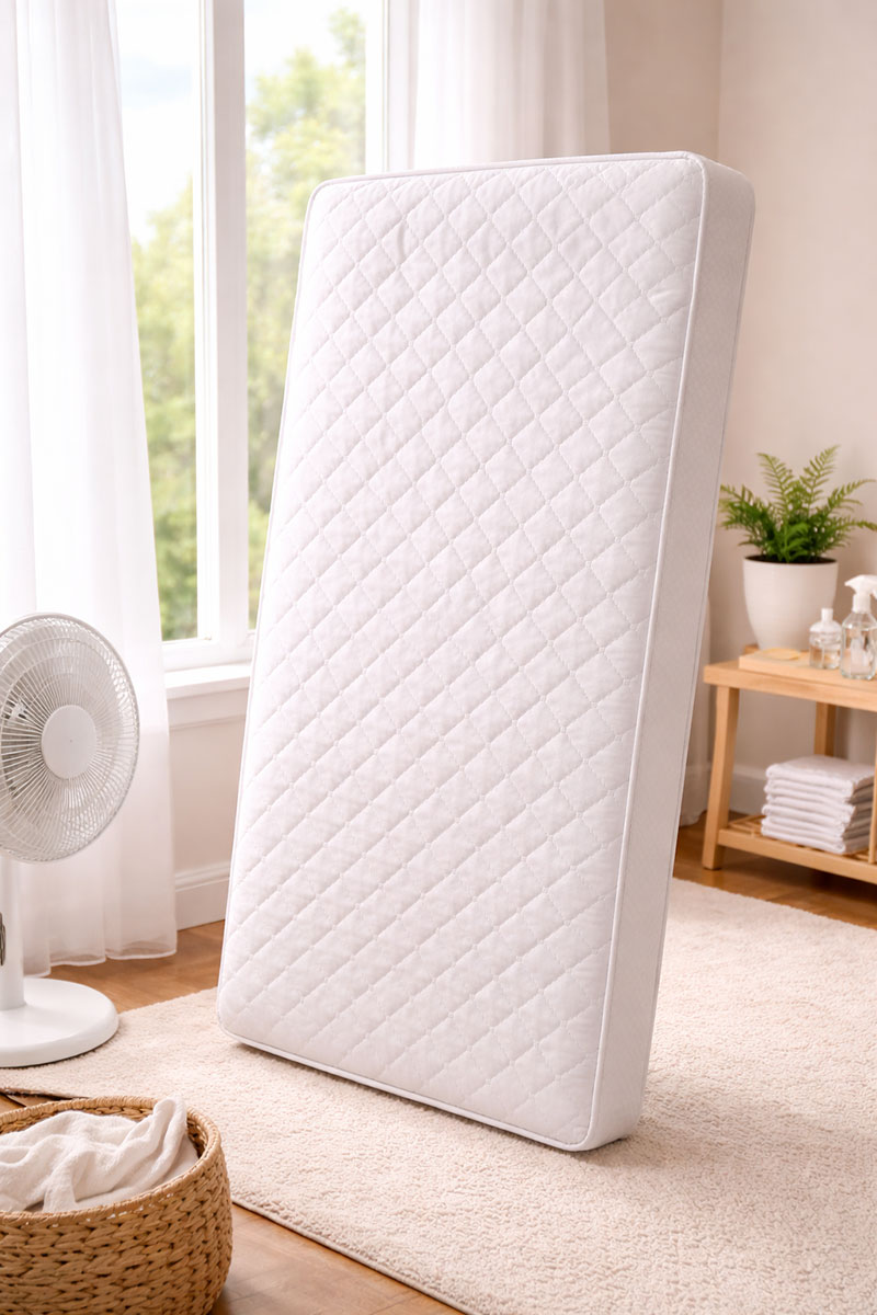 Crib mattress standing on its side near a window to air dry after cleaning