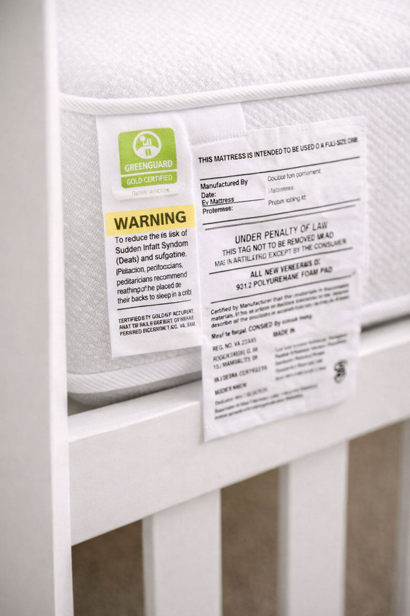 Close-up of crib mattress certification label and safety information tag