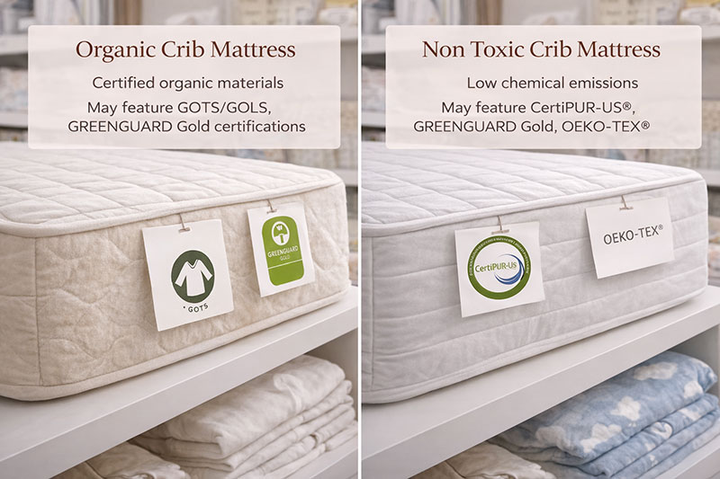 Crib mattress comparison in a nursery shopping setting