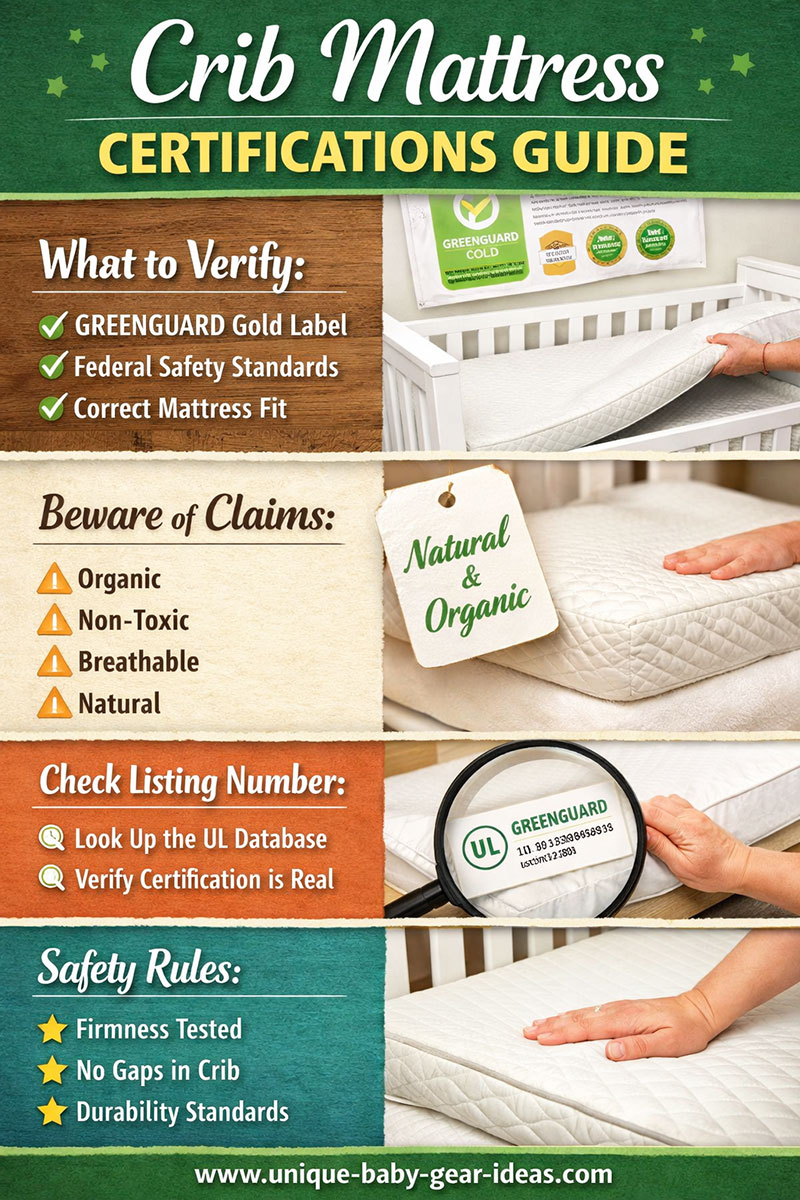 Crib mattress certifications guide showing nursery mattress labels and safety standards parents compare