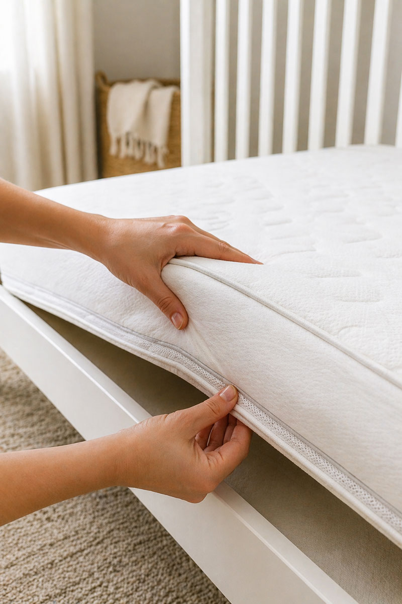 Checking crib mattress seams and underside for odor and moisture