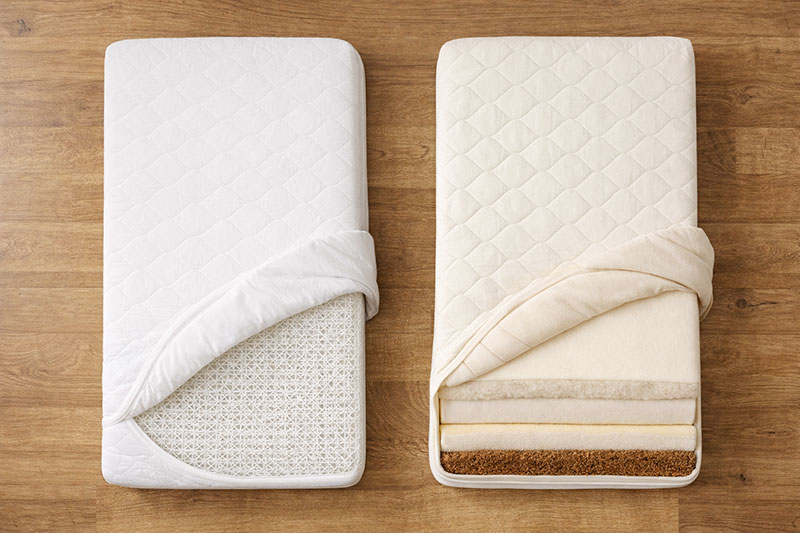 top view of breathable crib mattress core compared to layered organic crib mattress