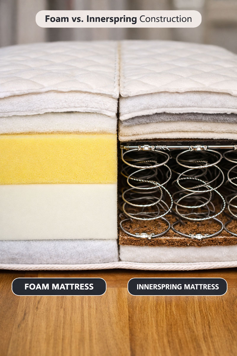 Crib mattress construction layers showing foam and innerspring structure