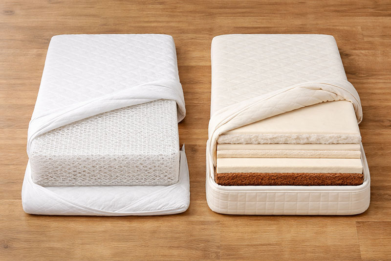 cutaway comparison of breathable crib mattress core versus layered organic mattress construction