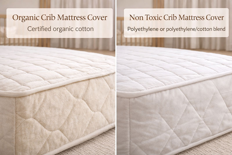 Close view of crib mattress cover in a neutral nursery
