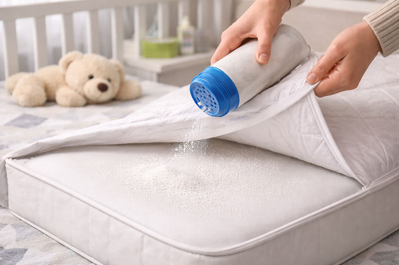 Crib mattress with deodorizer applied in a baby nursery setting