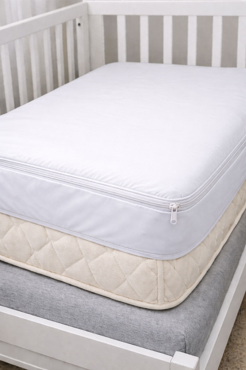Zippered crib mattress encasement shown wrapping the mattress with the zipper along the side